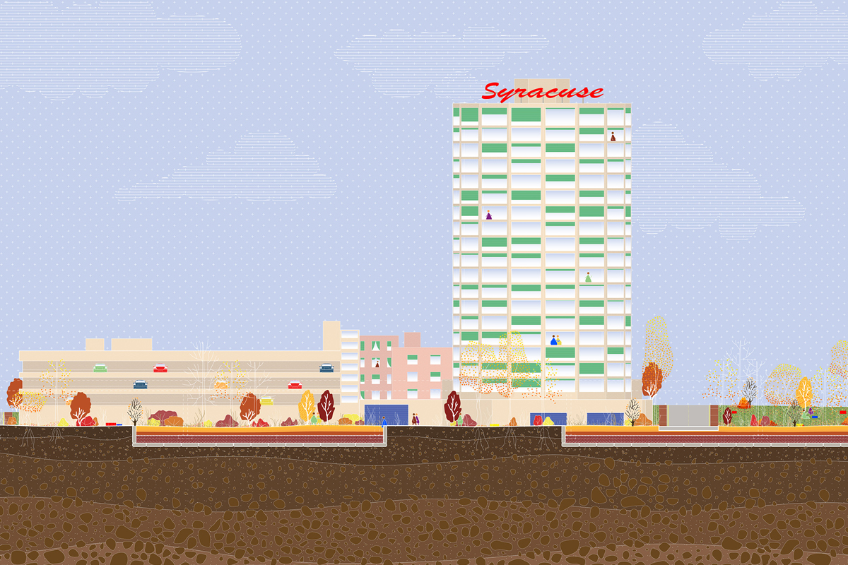 A stylized urban illustration showing a tall white "Syracuse" building with green windows against a blue sky, surrounded by colorful low-rise buildings and autumn trees, with a cross-section view of brown soil layers underground and a train line at street level.
