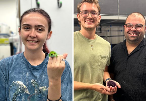 Side-by-side collage of two photos showing students engaged in biological research. On the left, a smiling person in a blue dinosaur-themed t-shirt holds a small green gecko in their hand, with lab equipment visible in the background. On the right, two smiling individuals stand in a lab setting; one holds a purple sea urchin and wears a green t-shirt and glasses, while the other wears a black shirt and glasses.