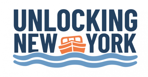 Logo with a boat and waves and the words Unlocking New York