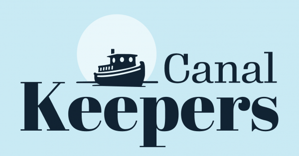 Light blue graphic with the words Canal Keepers and a boat