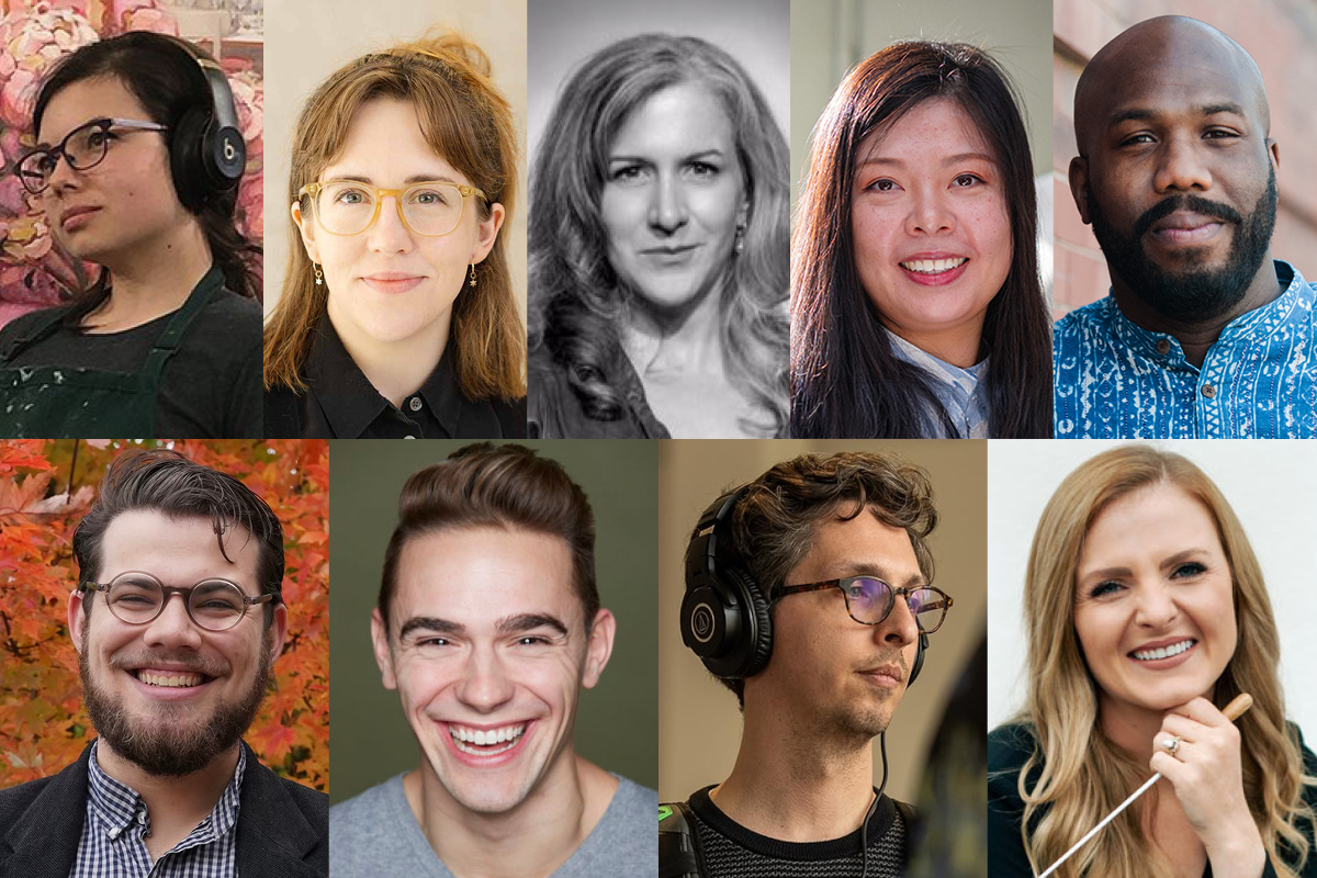 A grid of nine professional headshots showing diverse individuals, including several wearing glasses or headphones. The photos appear to be a mix of color and black-and-white portraits, featuring people of various ages, ethnicities, and backgrounds in what appears to be a professional or academic context.