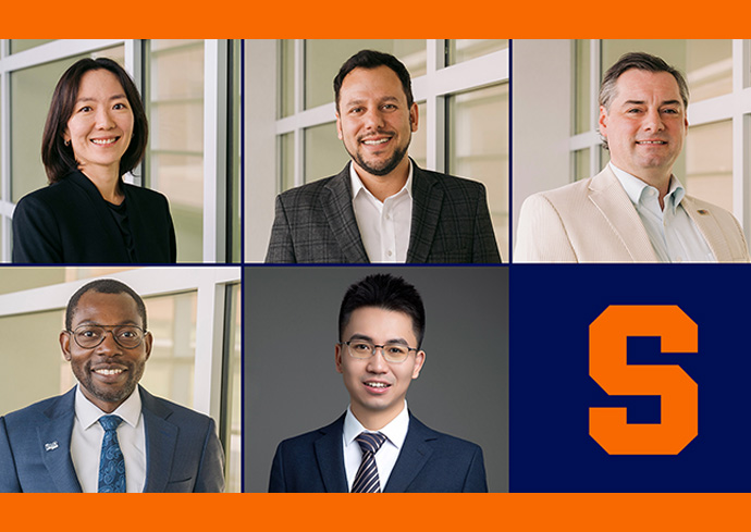 Collage of five professionally dressed individuals in separate frames, arranged in two rows. The top row features three people, and the bottom row includes two people alongside a large orange "S" logo on a dark blue background, representing Syracuse University.