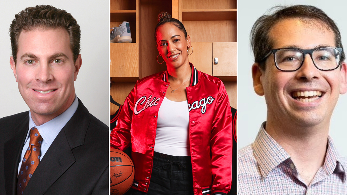 Professional headshots of three alumni: from left to right: A person in a dark suit and patterned tie. Center: A person wearing a red Chicago satin jacket and white top, holding a basketball. Right: A person with glasses wearing a checkered button-down shirt.