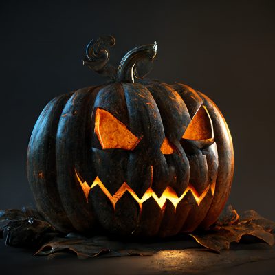 Illuminated jack-o'-lantern with triangular eyes and jagged grin carved into dark pumpkin, glowing orange from within, surrounded by fallen autumn leaves against a moody dark background.
