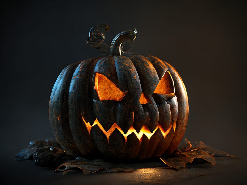 Illuminated jack-o'-lantern with triangular eyes and jagged grin carved into dark pumpkin, glowing orange from within, surrounded by fallen autumn leaves against a moody dark background.