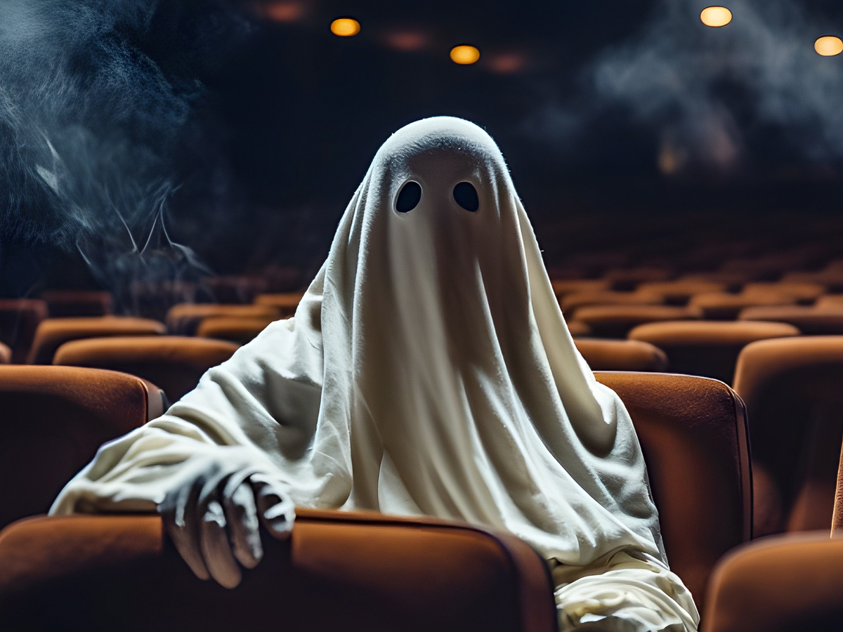 Figure dressed as sheet ghost with black eye holes sits in empty movie theater with orange seats and atmospheric lighting.