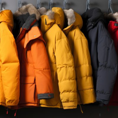 Row of colorful winter puffer jackets with fur-trimmed hoods hanging on hooks, including bright yellow, orange, mustard, black and red coats against a gray wall.