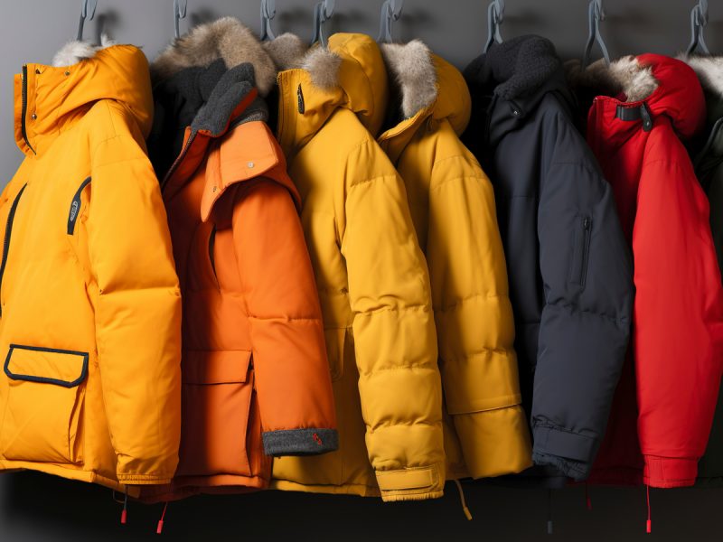 Row of colorful winter puffer jackets with fur-trimmed hoods hanging on hooks, including bright yellow, orange, mustard, black and red coats against a gray wall.