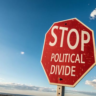 Red stop sign reading 'STOP POLITICAL DIVIDE' against a blue sky with clouds