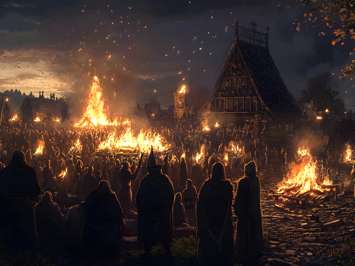 Large crowd gathered around multiple bonfires in a medieval village square at dusk, with timber-framed buildings and dramatic sky filled with embers.