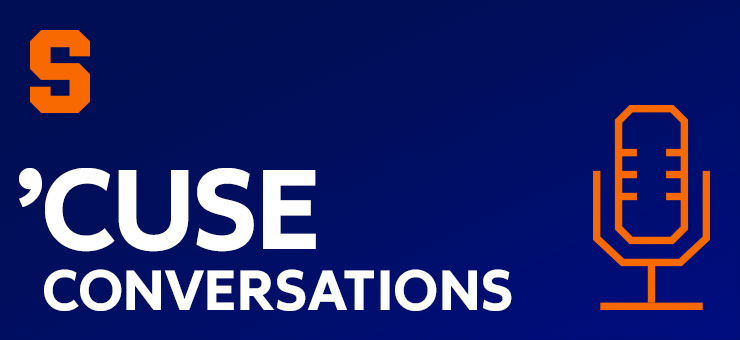 blue graphic with text "’Cuse Conversations" with an orange Block S and microphone icon