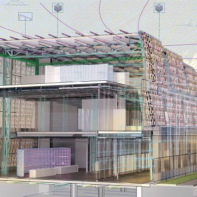 Architectural rendering of building design showing modular construction with solar panels, wind collection systems, and sustainable façade with technical diagram overlay