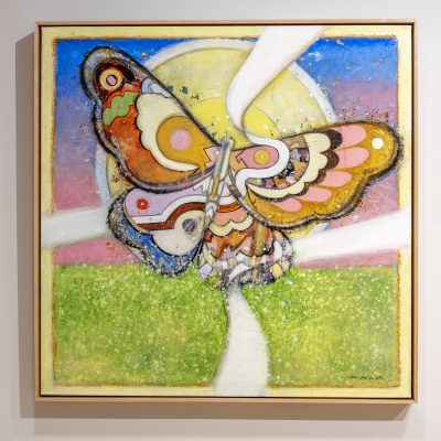 Colorful painting of a butterfly with intricate wing patterns, set against a vibrant background of a yellow sun, blue sky, and green grass.