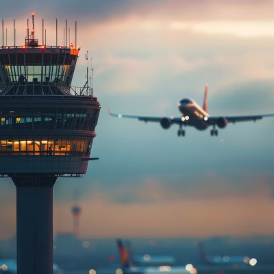 Air traffic control tower of airport with a departing Boeing 737 in the background at sunset.