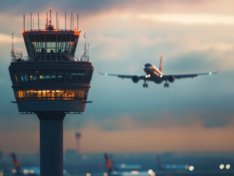 Air traffic control tower of airport with a departing Boeing 737 in the background at sunset.