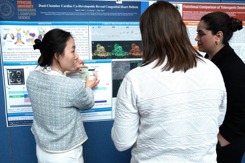 A researcher in a light blue sweater gestures while explaining a poster about cardiac co-development to two attendees at a scientific conference