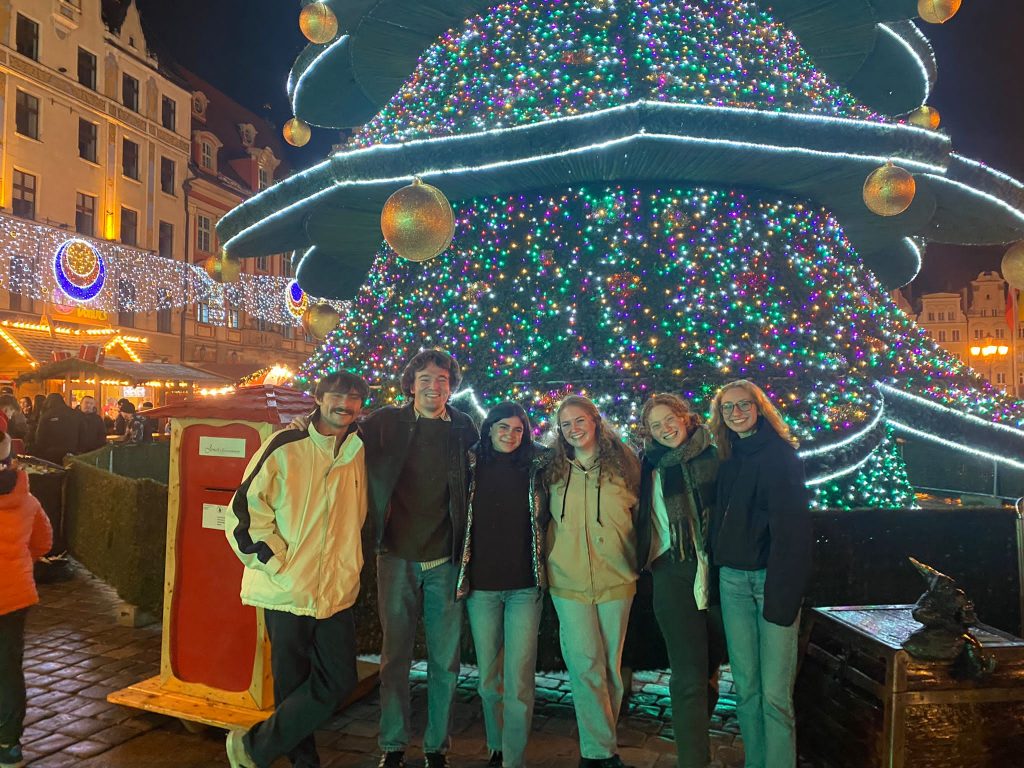 Group of students posing in front of illuminated Christmas tree at European holiday market at night.