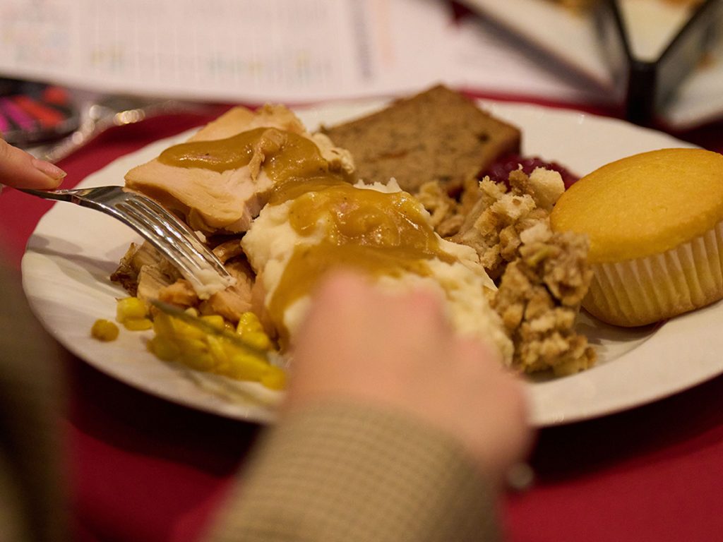A full Thanksgiving dinner plate from the 2024 International Thanksgiving Celebration