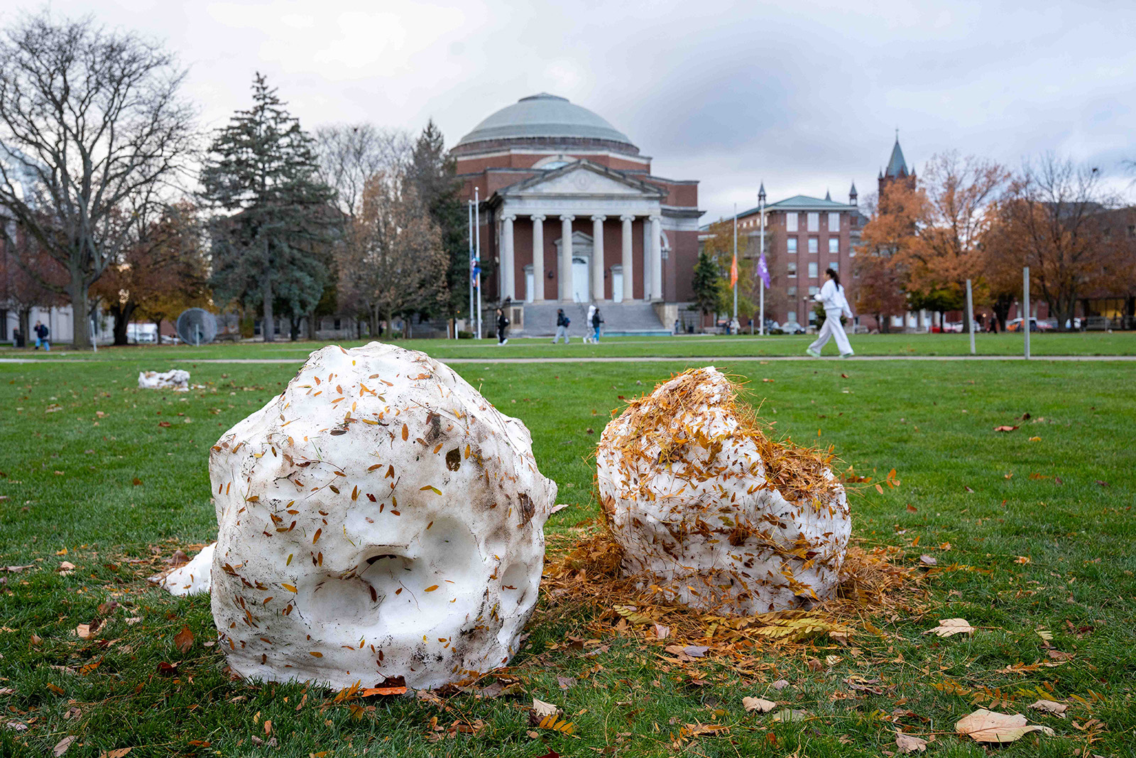 Two large, partially melted balls of snow covered in leaves sit on a grassy quad with a domed building and autumn trees in the background