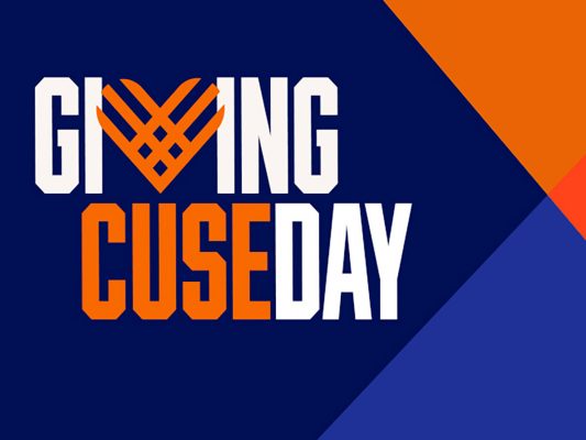 Blue, white and orange graphic for Giving Cuse Day. The "v" is designed as a heart