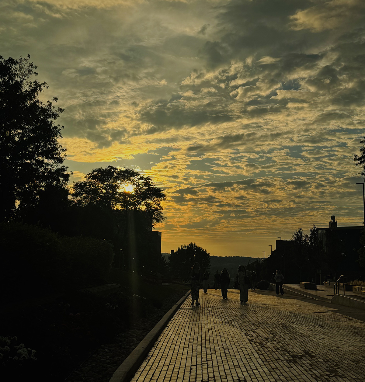 Silhouettes of people walking on a brick pathway during a dramatic sunset with golden clouds filling the sky