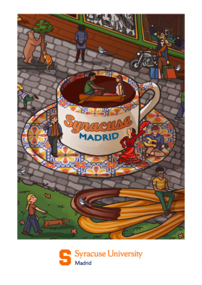 Illustrated Syracuse University Madrid postcard featuring a large coffee cup with “Syracuse Madrid” text, colorful tile saucer, and surrounding street scene with people, motorcycles, and churros