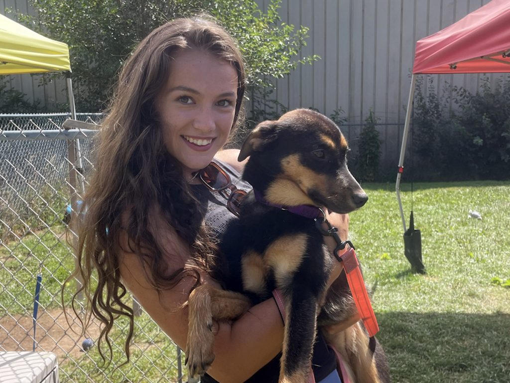 A student holds a German Shepherd puppy at an outdoor adoption event with colorful tents in the background.