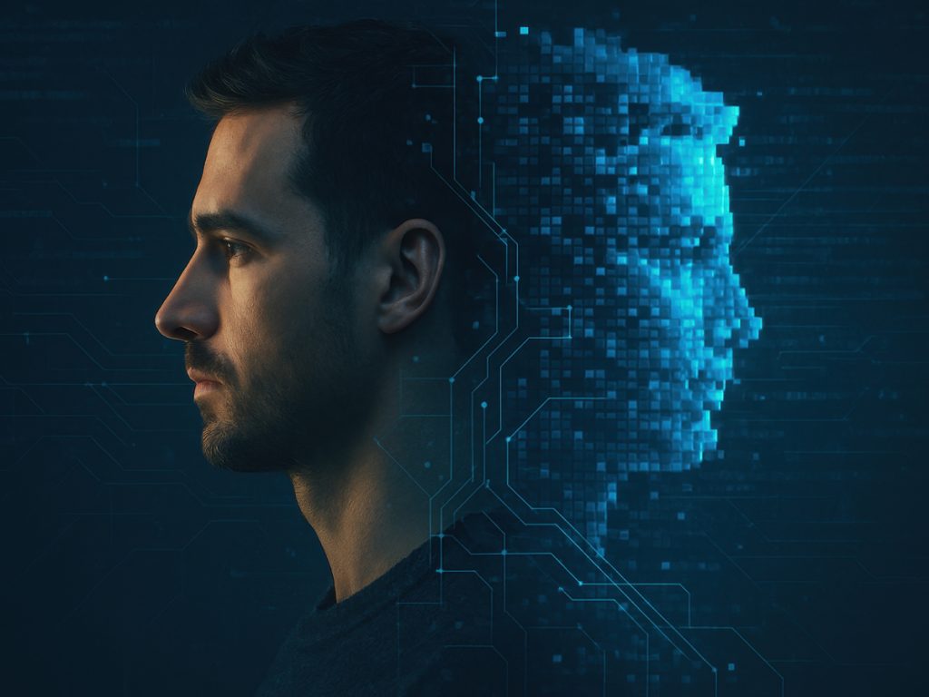 Profile view of a man's face transitioning into a digital pixelated representation, illustrating the concept of virtual influencers and digital identity.