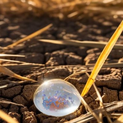 Translucent water droplet on cracked earth containing blue and red particles, surrounded by dried grass.