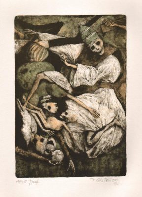 Surreal artwork showing skeletal figures in flowing garments intertwined with abstract shapes, rendered in muted tones of green, brown, and white