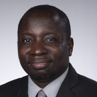 Professional headshot of a man in a dark suit and striped tie against a gray background