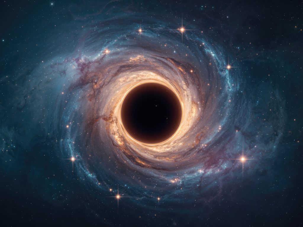 Black hole with glowing orange accretion disk surrounded by colorful spiral of gas and stars in deep space.
