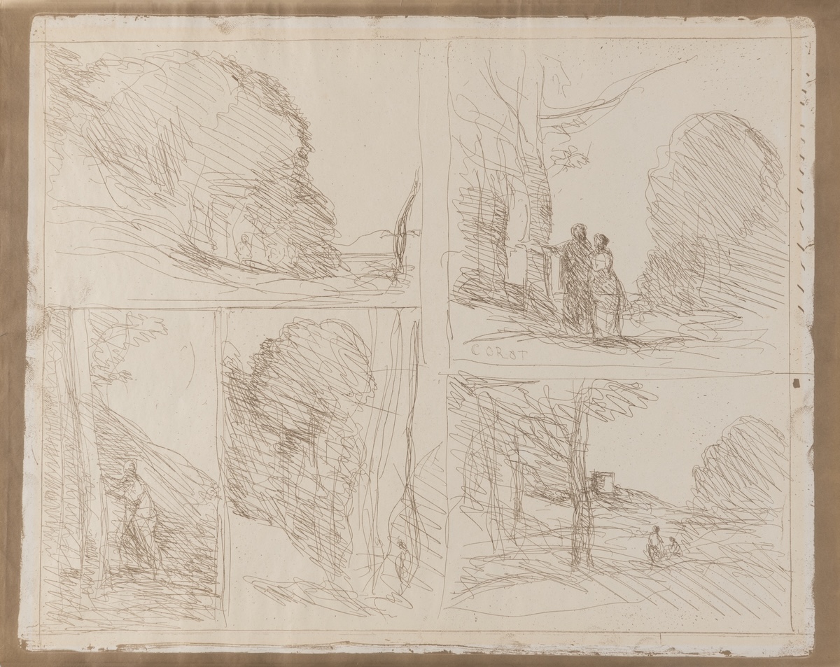 Sepia-toned sketch divided into four panels, each depicting trees and figures in a natural landscape with loose, linear shading.
