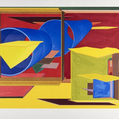 Abstract artwork with geometric shapes in bright colors, featuring blue cones, yellow planes, and red and yellow backgrounds within rectangular frames.