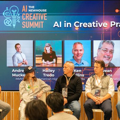 Panel discussion at the Newhouse AI Creative Summit with five speakers seated on stage in front of a large screen displaying the event title 'AI in Creative Practice' and speaker names. Audience members are visible in the foreground