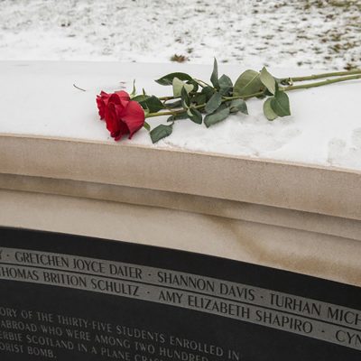 Red roses lay on top of the Remembrance Wall with snow in the background
