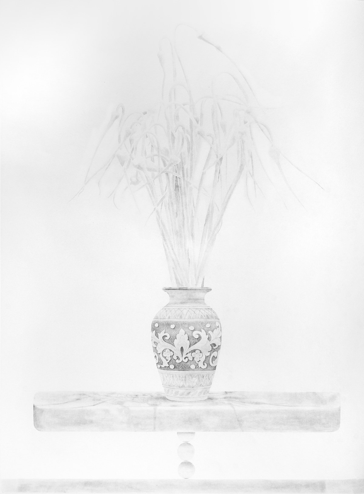 Minimalist drawing of a decorative vase with floral patterns holding tall, thin plants