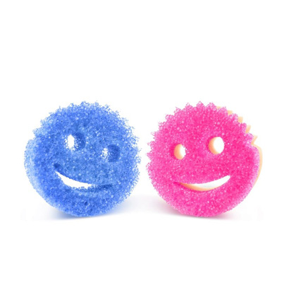 a blue and a pink sponge, both shaped like a smiley face