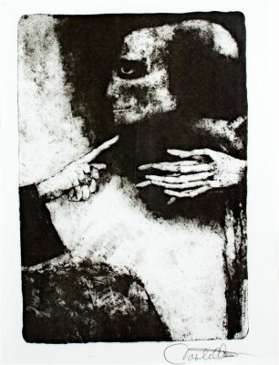 Black-and-white artwork depicting a skeletal figure with hollow eyes and elongated hands, facing a pointing hand in stark contrast