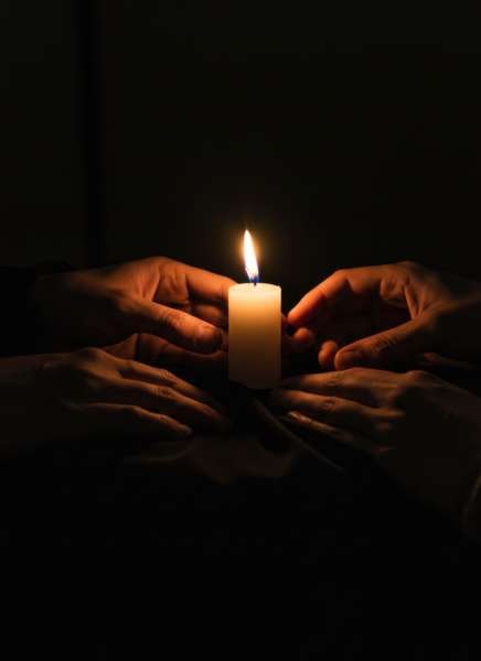 Multiple hands gently surround and steady a single lit candle in a dark setting, the small flame casting a warm glow that suggests unity, remembrance, and quiet reflection.