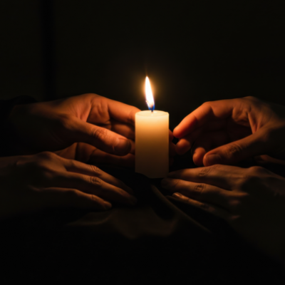Multiple hands gently surround and steady a single lit candle in a dark setting, the small flame casting a warm glow that suggests unity, remembrance, and quiet reflection.