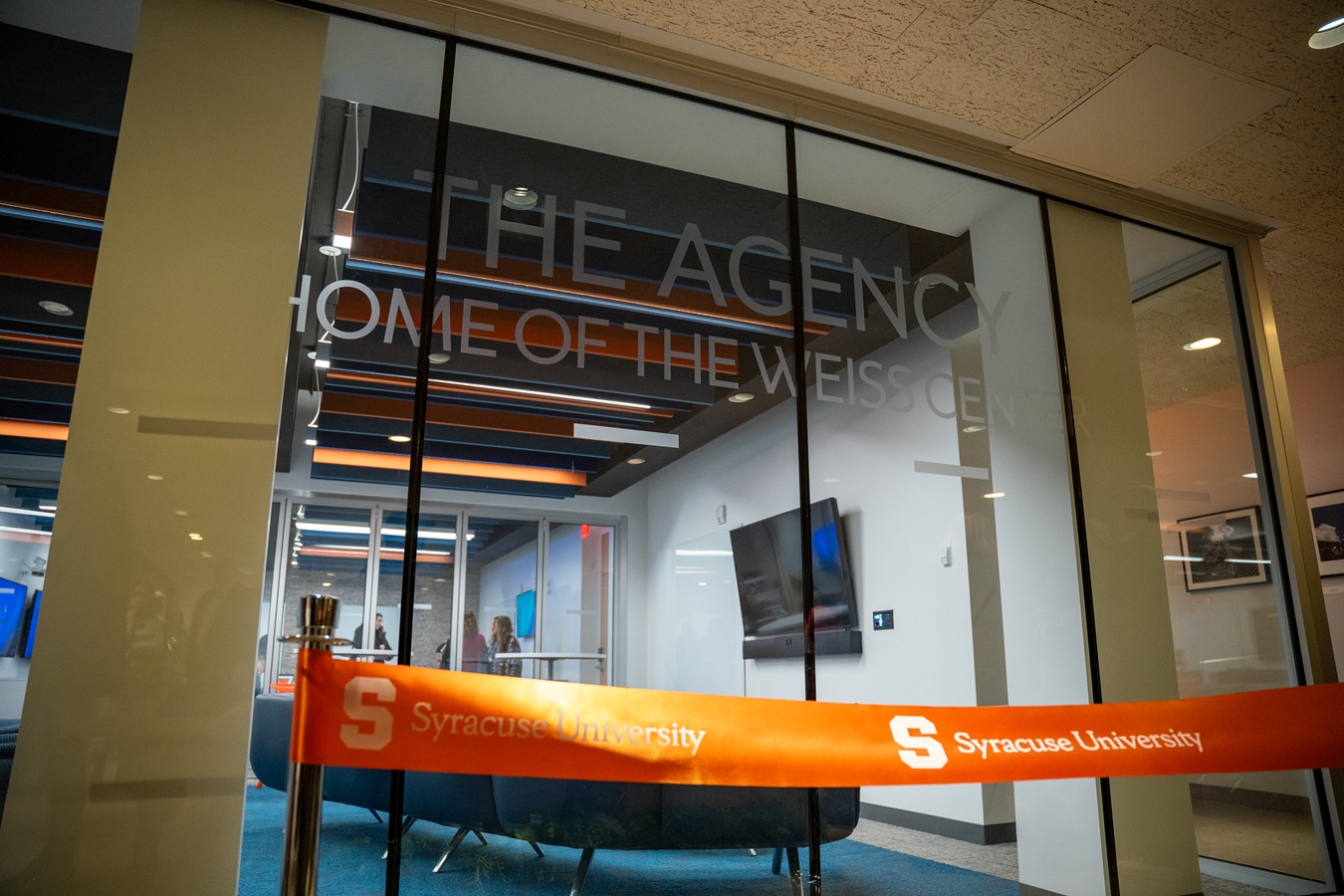 entrance to Weiss Center with ribbon strung across the front
