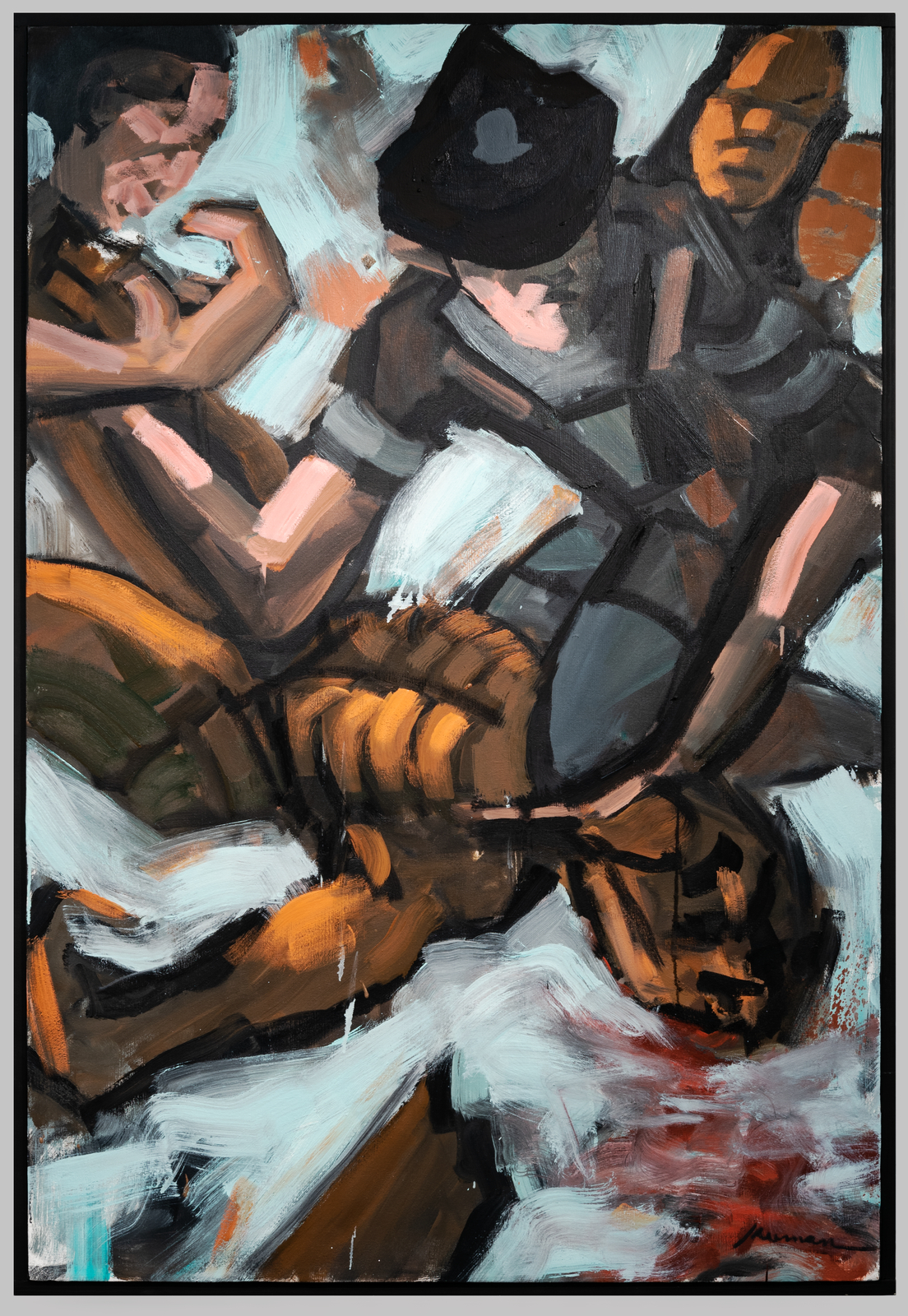 Expressive figurative painting depicting two figures in muted browns, oranges, and blues with gestural brushwork.