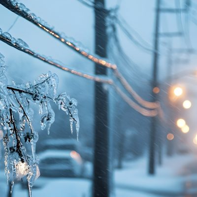 Dramatic frozen winter landscape with a layer of ice covering trees and power lines