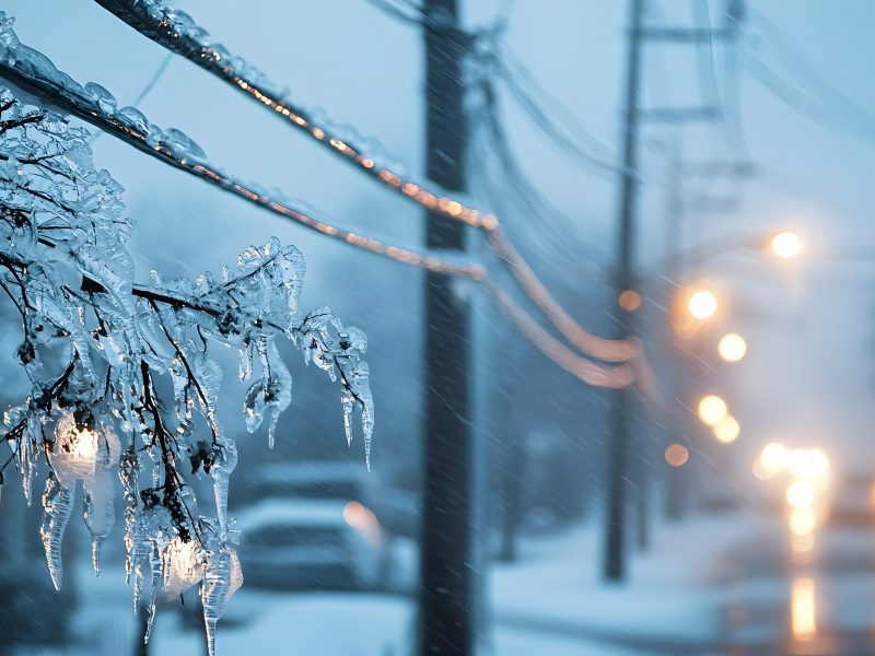 Dramatic frozen winter landscape with a layer of ice covering trees and power lines