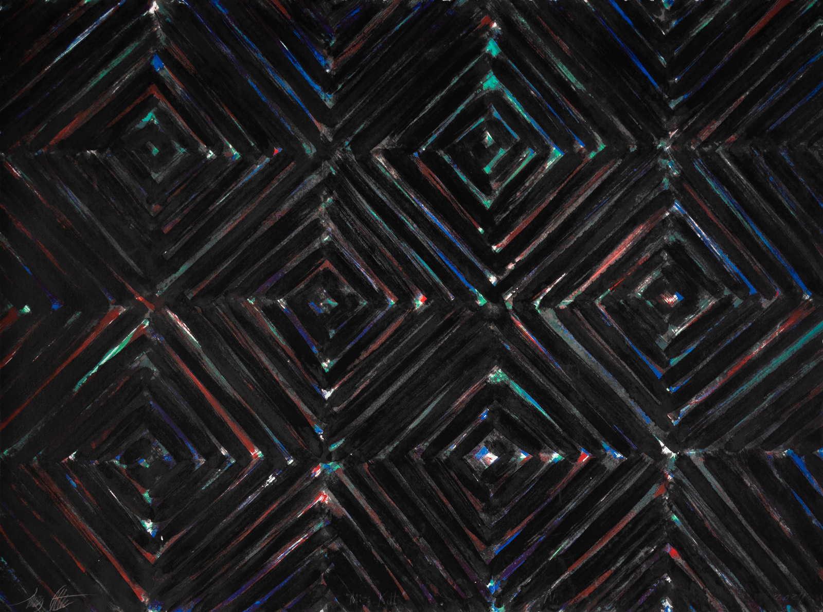 Abstract geometric painting with dark concentric square patterns highlighted by colorful accents in blue, red, and turquoise.