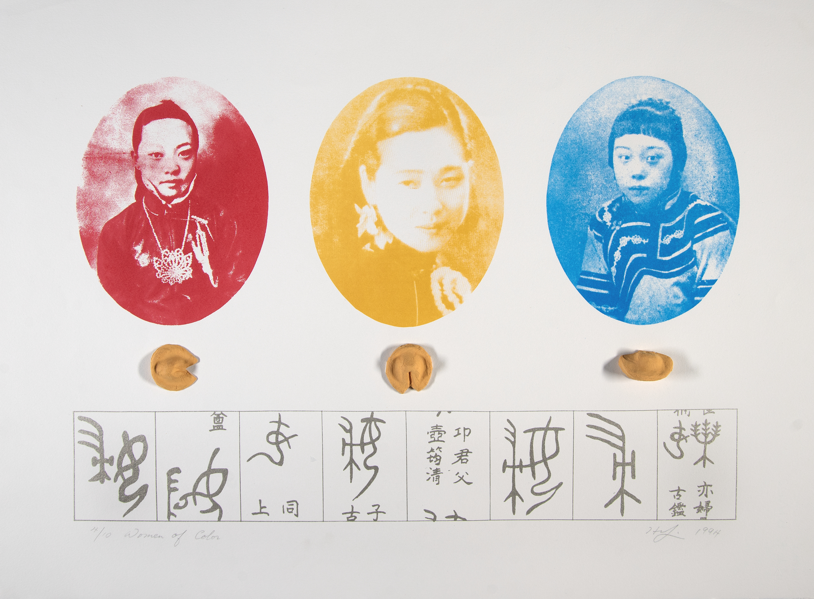 Print featuring three oval portraits of Chinese women in red, yellow, and blue tones above fortune cookies and Chinese calligraphy.