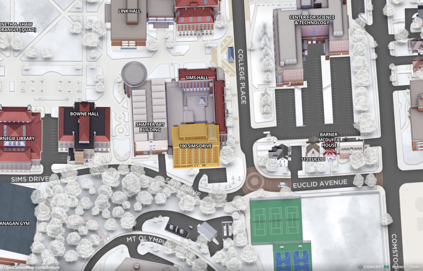 labeled campus map highlighting 100 Sims Drive in yellow, surrounded by buildings including Sims Hall, Shaffer Art Building and Bowne Hall