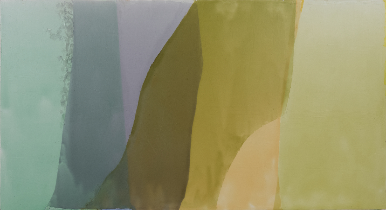 Abstract painting with overlapping translucent bands in mint green, gray, olive, yellow, and peach tones.