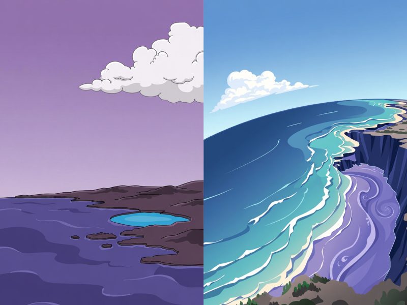 Split illustration showing contrasting landscapes: barren terrain with pool on left, vibrant coastal cliffs with turquoise waves on right.